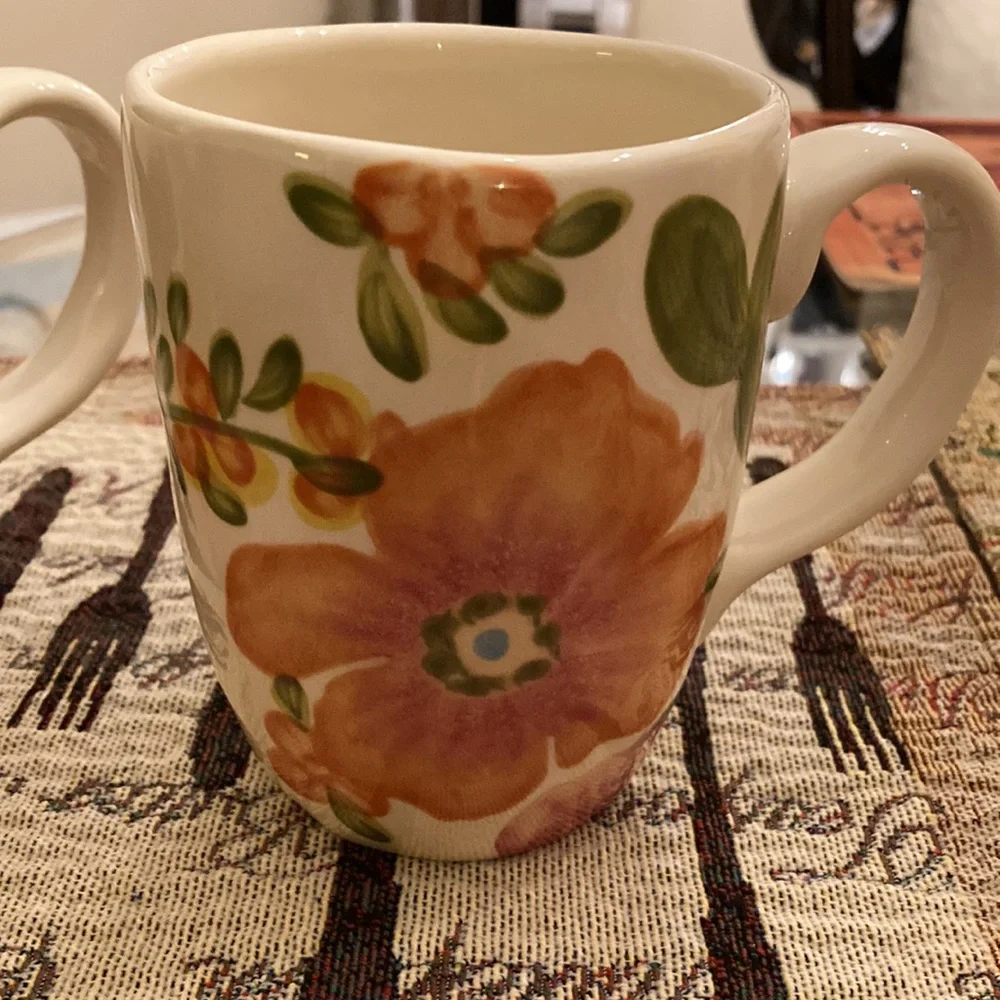 Pier 1 Imports Antoinette Floral Cream Hand Painted Earthenware Mugs (2)